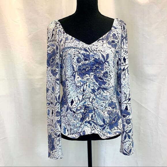 ECLAIR White blue long sleeve floral vine print blouse Sz L NWT - Picture 10 of 10
